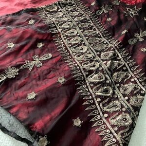 Elegant Burgundy and Black Embroidered Indian Sari Skirt